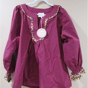NWT UMGEE Blouse Boho Women Lg Burgundy Leopard Trim Long Sleeve MSRP 59.00
